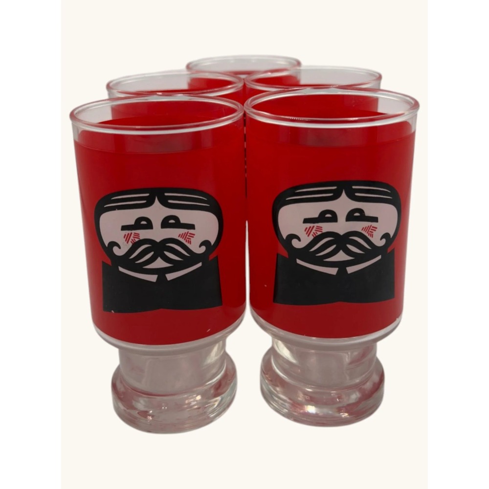 Vintage Red Footed Juice Glasses Set of 5 Mustache Man Tuxedo Graphic Barware